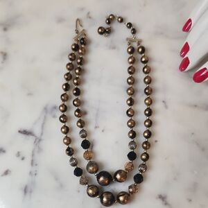 Vintage | Midcentury Gold and Black Beaded Necklace Adjustable 16-18"